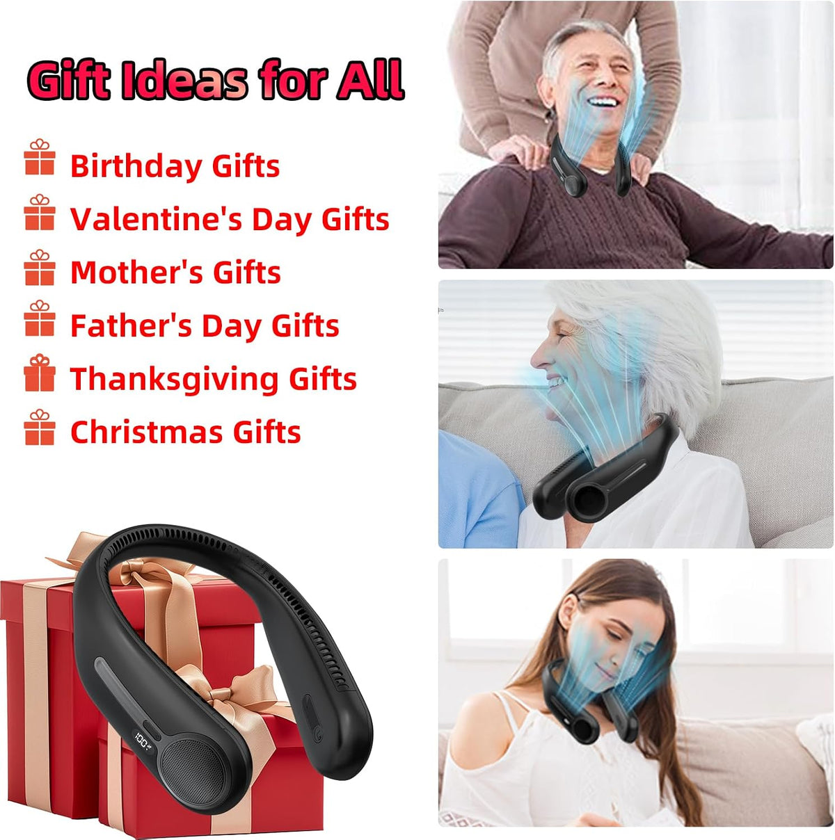 Portable Neck Fan, Personal Wearable Bladeless Fan, 6000mAh USB Rechargeable, 360° Airflow, LED Display, 4-Speeds, Hands Free Fan for Outdoor Indoor, Birthday Gifts for Men Women Dad Mom (Black)